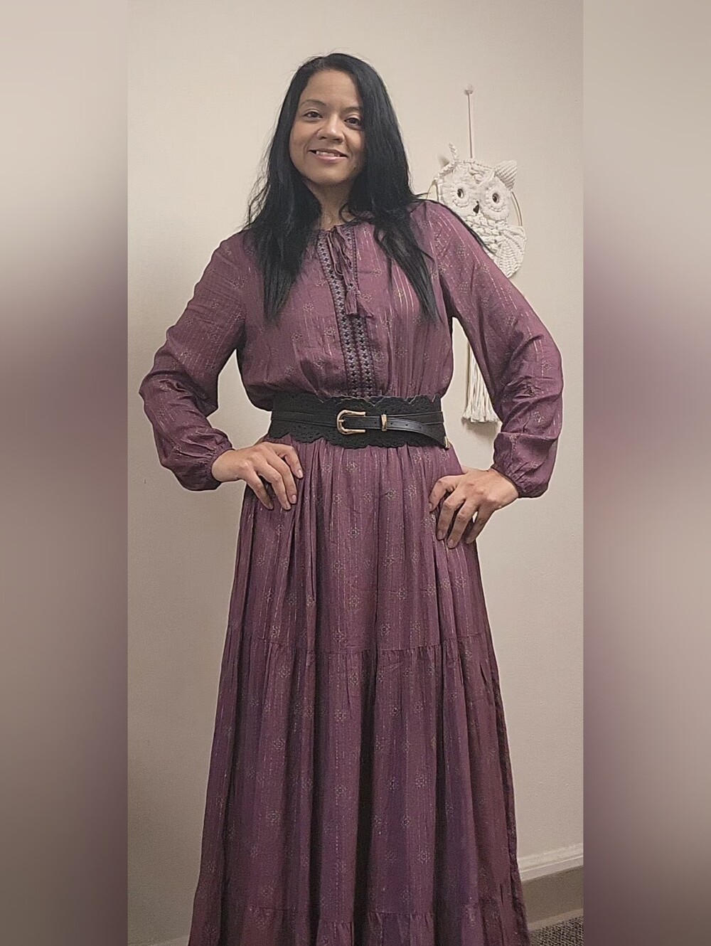 Daniel Rainn Plum Long Sleeve Maxi Dress with Metallic Threading